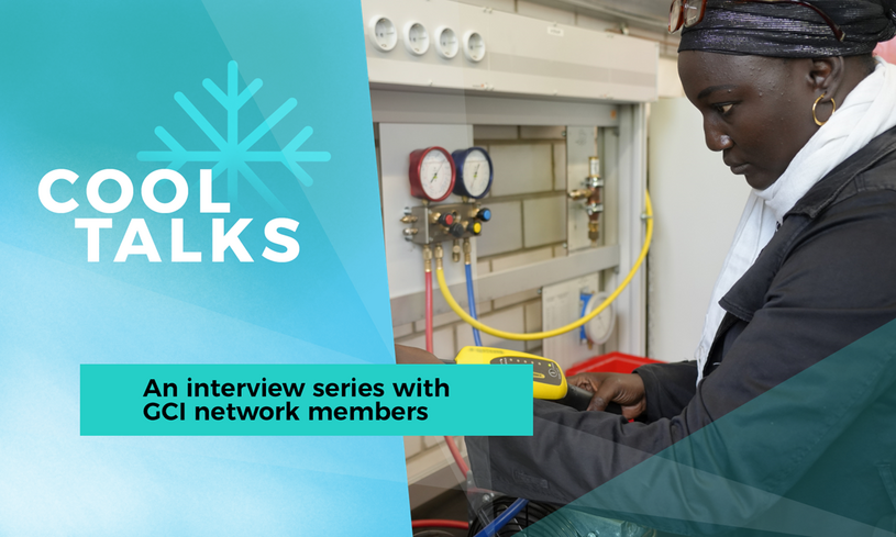 The image says "Cool Talks - An interview series with GCI network members". It shows Sokhna Fall who is using a leak testing device. (opens enlarged image)