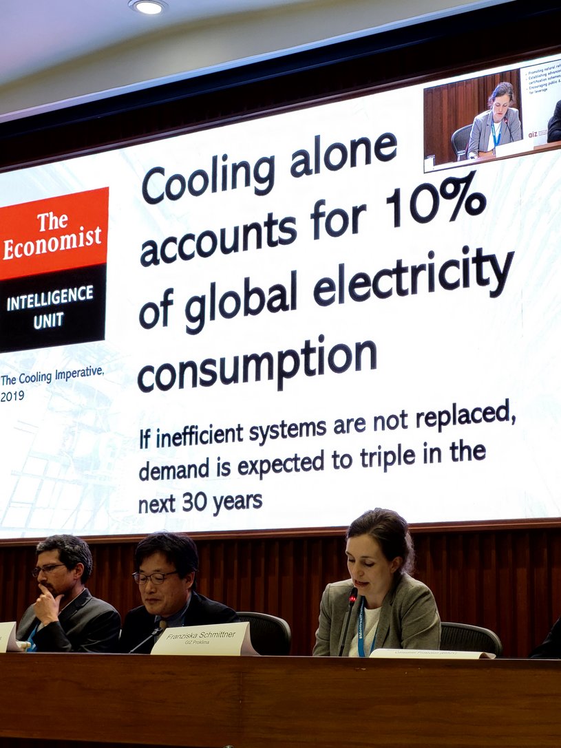 The photo shows Franziska Schmittner of GIZ Proklima presenting. The presentation says: "Cooling alone accounts for 10% of global electricity consumption. If inefficient systems are not replaced, demand is expected to triiple in the next 30 years." (opens enlarged image)