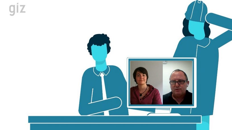 illustration of two persons in front of a computer. The computer shows a real foto of the moderator and the trainer of the webinar. (opens enlarged image)