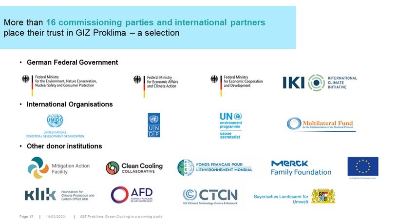 The illustration shows the logos of several donors, including several Ministries of the German government, the European Union, several UN organisations, private and public foundations and facilities.